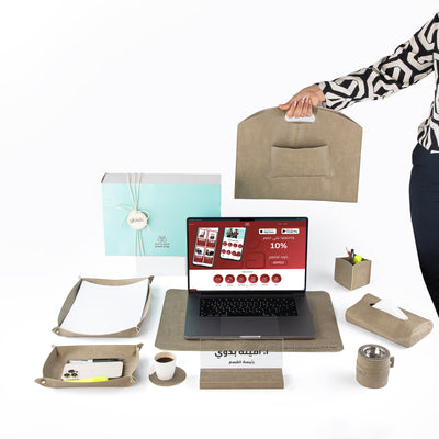 طقم مكتب جلدي فاخر 9 قطع مع بوكس هدايا - زيتي