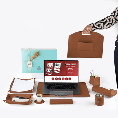 طقم مكتب جلدي فاخر 9 قطع مع بوكس هدايا - بني