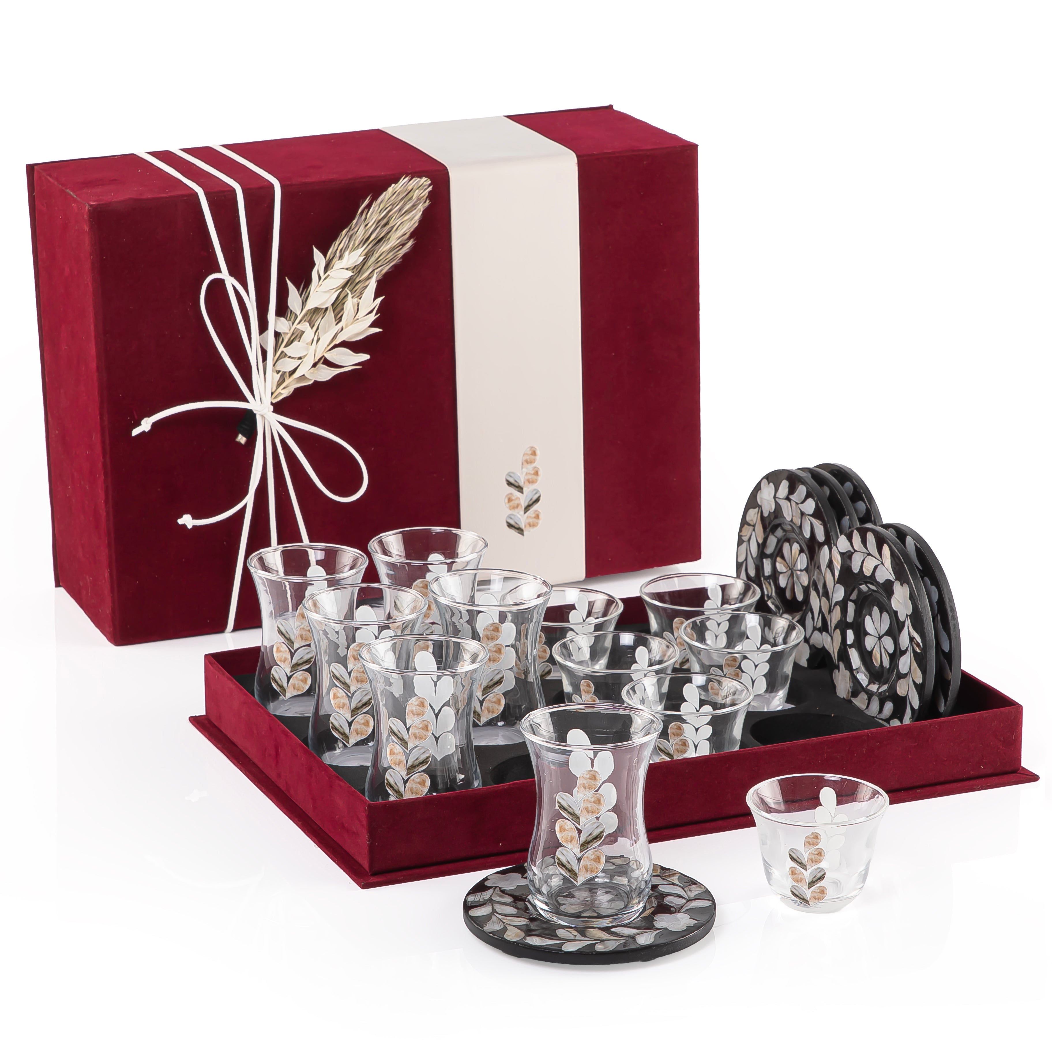 set of 6 black coasters, 6 coffee glasses, and 6 tea glasses