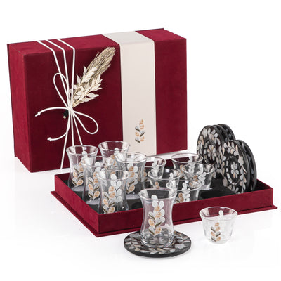 set of 6 black coasters, 6 coffee glasses, and 6 tea glasses