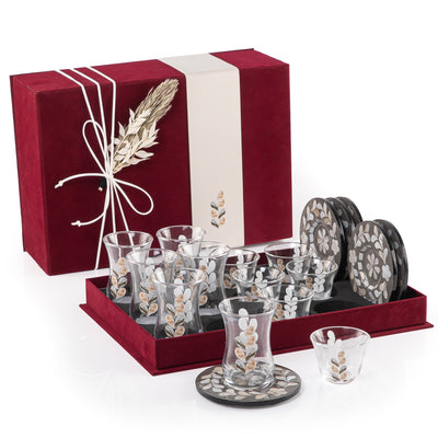 set of 6 grey coasters, 6 coffee glasses, and 6 tea glasses