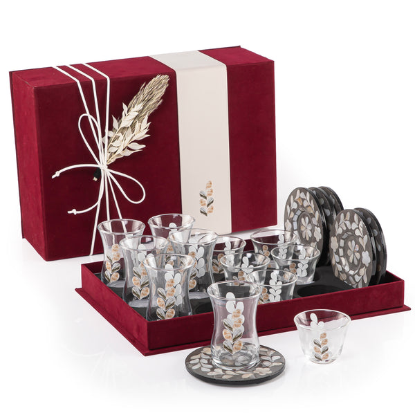 set of 6 grey coasters, 6 coffee glasses, and 6 tea glasses