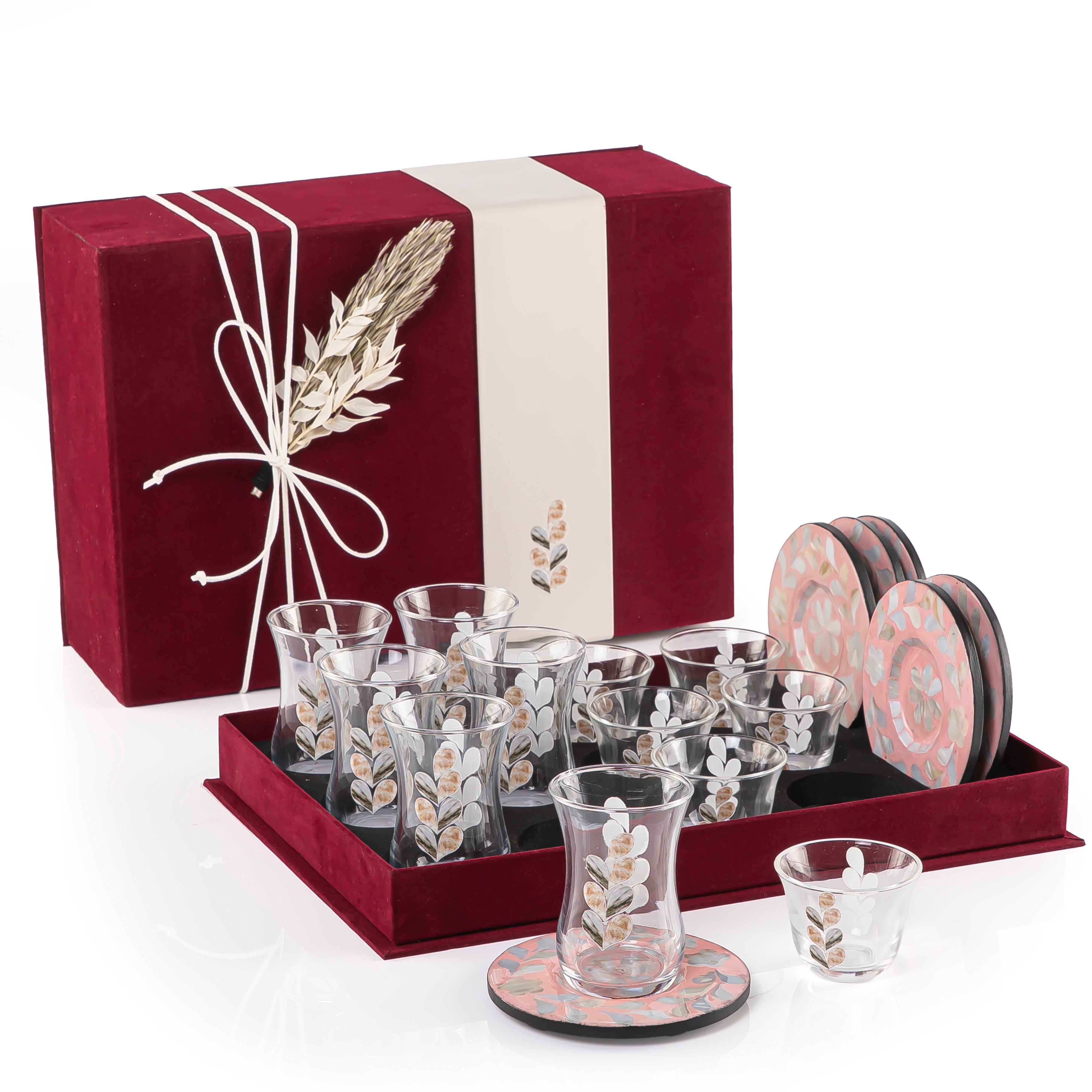 set of 6 pink coasters, 6 coffee glasses, and 6 tea glasses