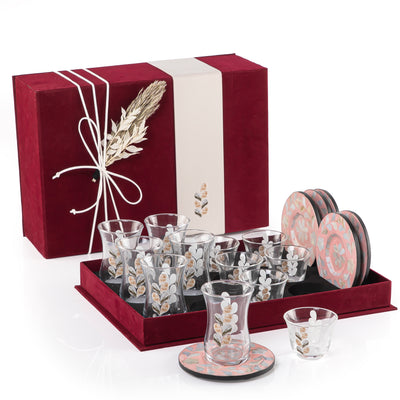 set of 6 pink coasters, 6 coffee glasses, and 6 tea glasses