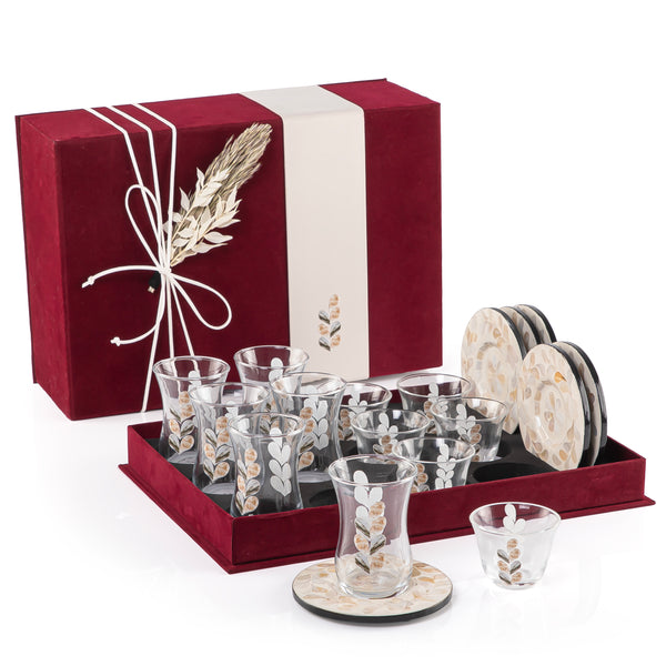 set of 6 beige coasters, 6 coffee glasses, and 6 tea glasses