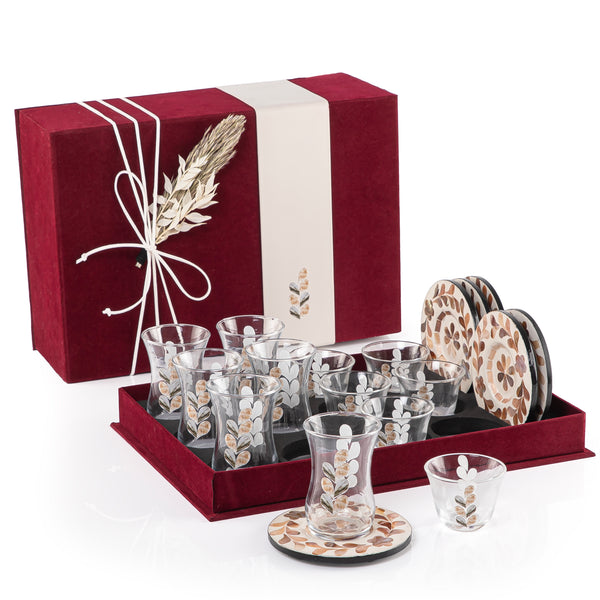 set of 6 brown coasters, 6 coffee glasses, and 6 tea glasses