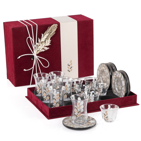 set of 6 grey coasters, 6 coffee glasses, and 6 tea glasses