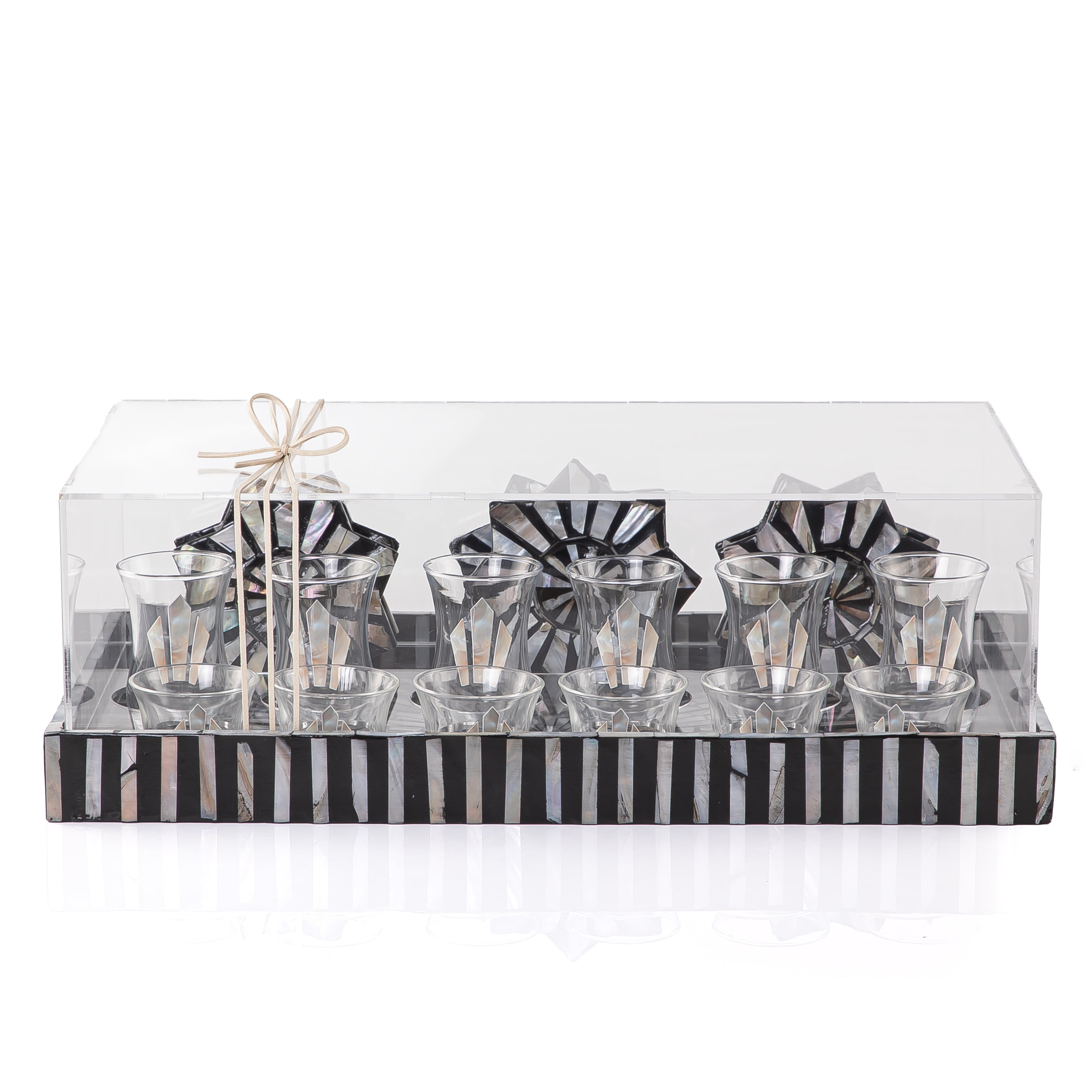A black MOP tray holding six coffee glasses, six tea glasses, and six coasters, with an acrylic box