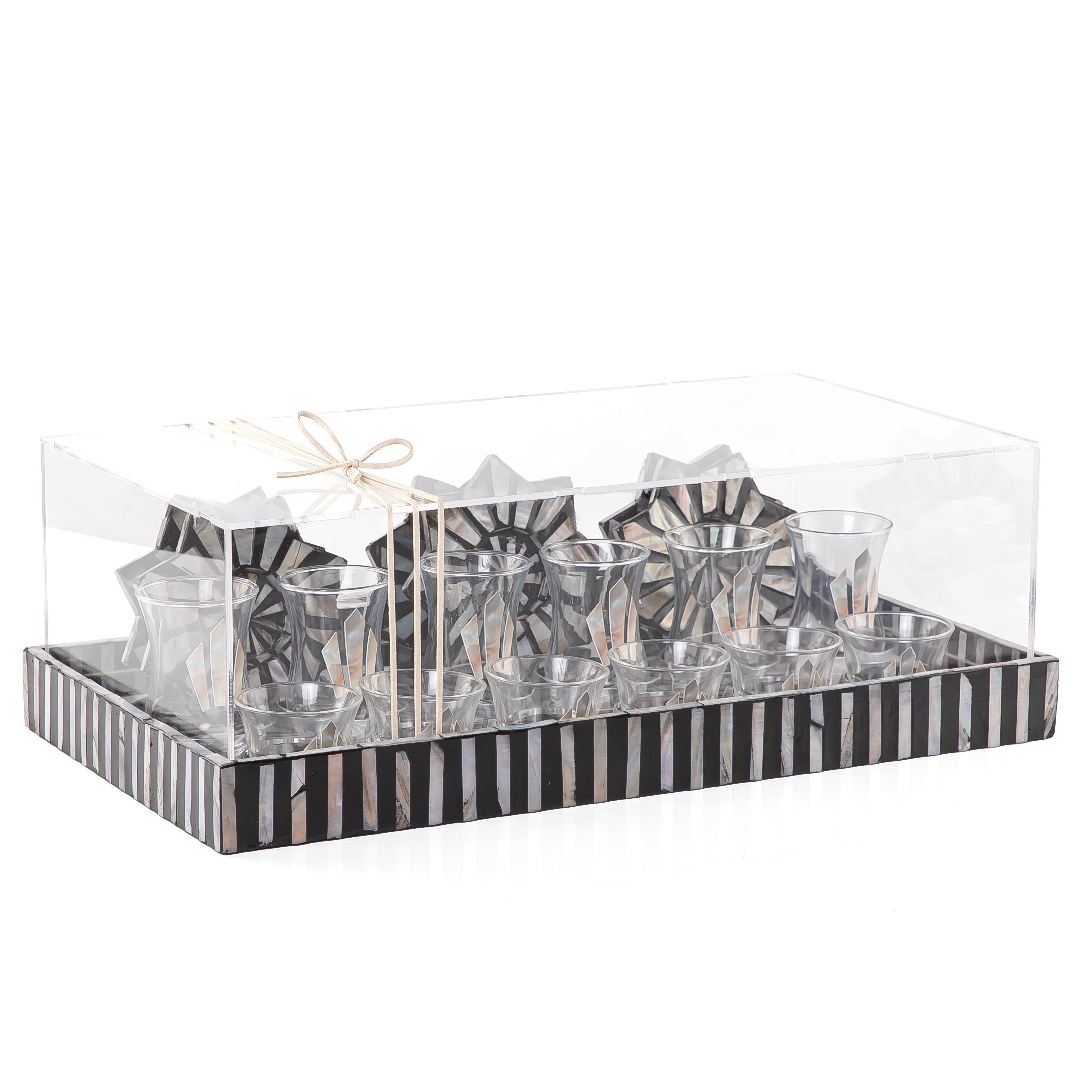A black MOP tray holding six coffee glasses, six tea glasses, and six coasters, with an acrylic box