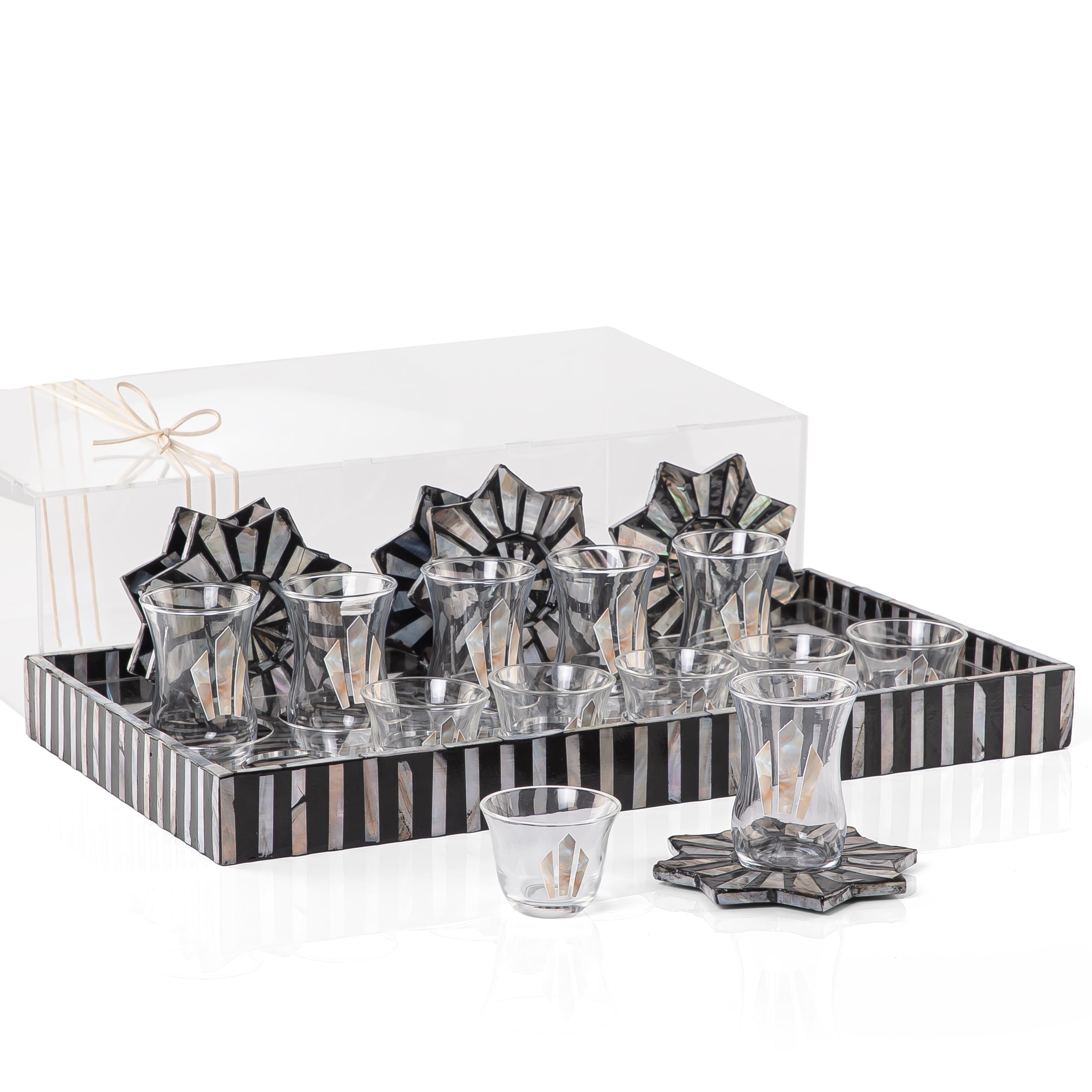 A black MOP tray holding six coffee glasses, six tea glasses, and six coasters, with an acrylic box