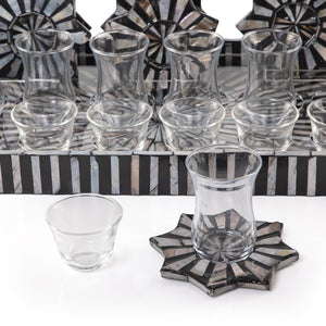 A black MOP tray holding six coffee glasses, six tea glasses, and six coasters, with an acrylic box