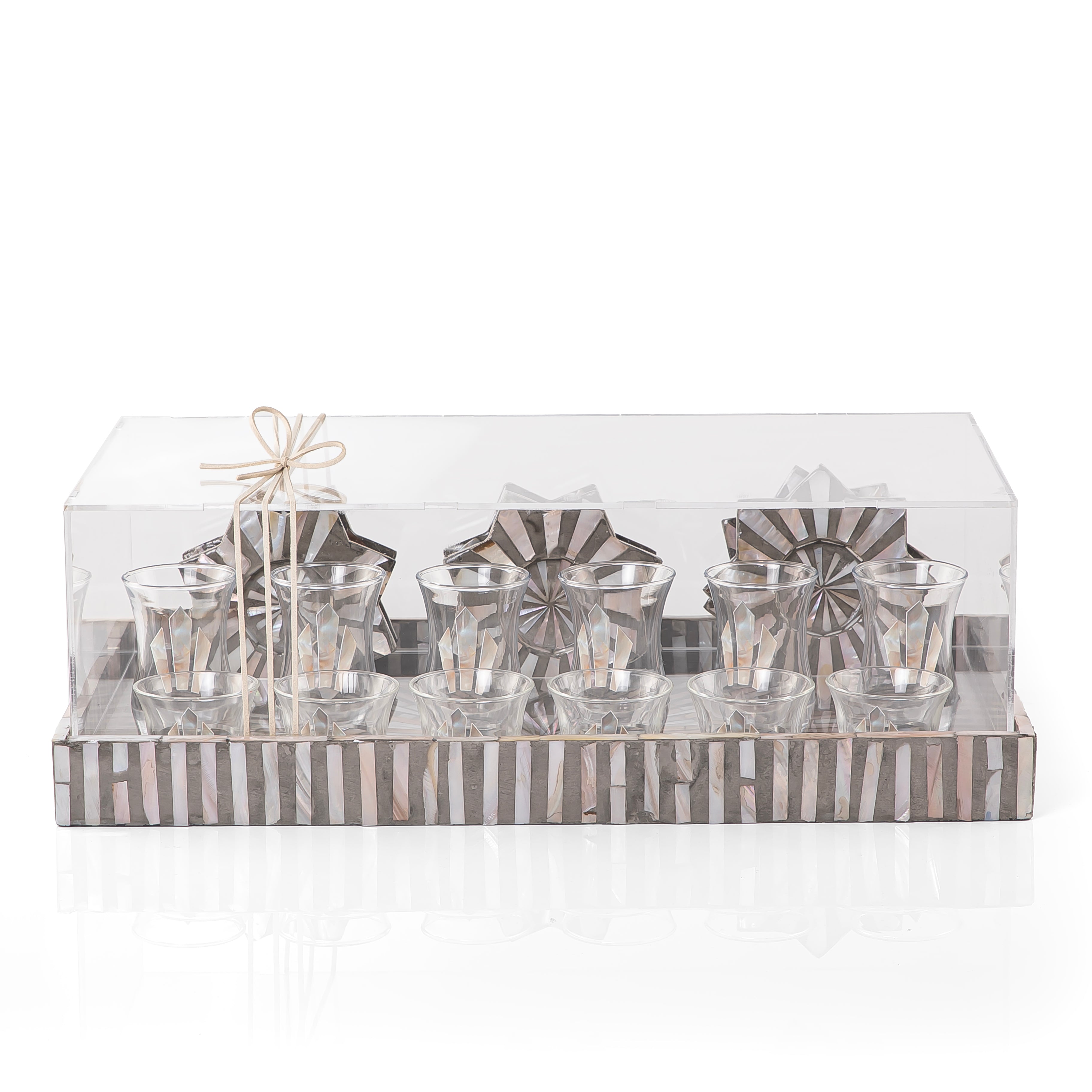 A brown MOP tray holding six coffee glasses, six tea glasses, and six coasters, with an acrylic box