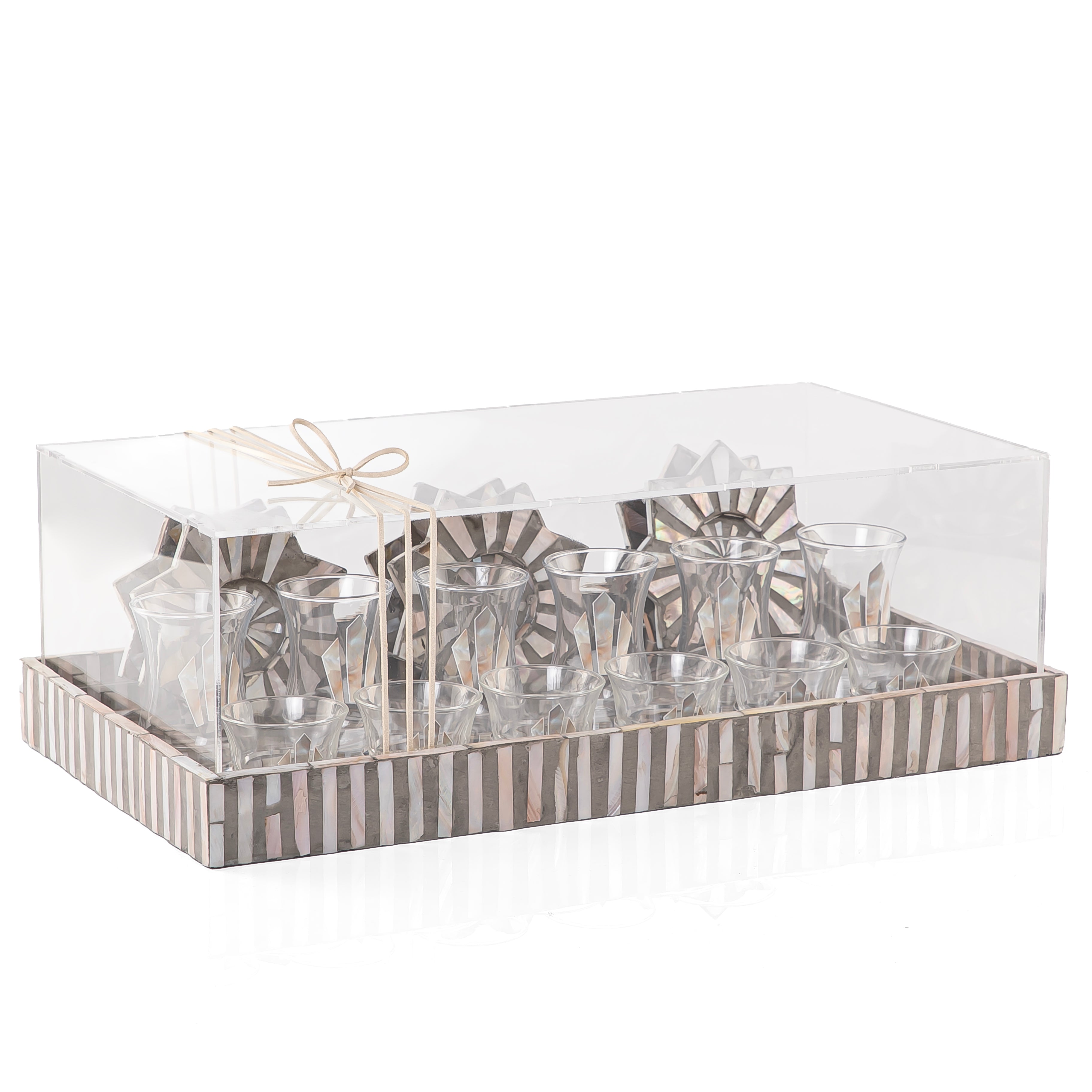 A brown MOP tray holding six coffee glasses, six tea glasses, and six coasters, with an acrylic box