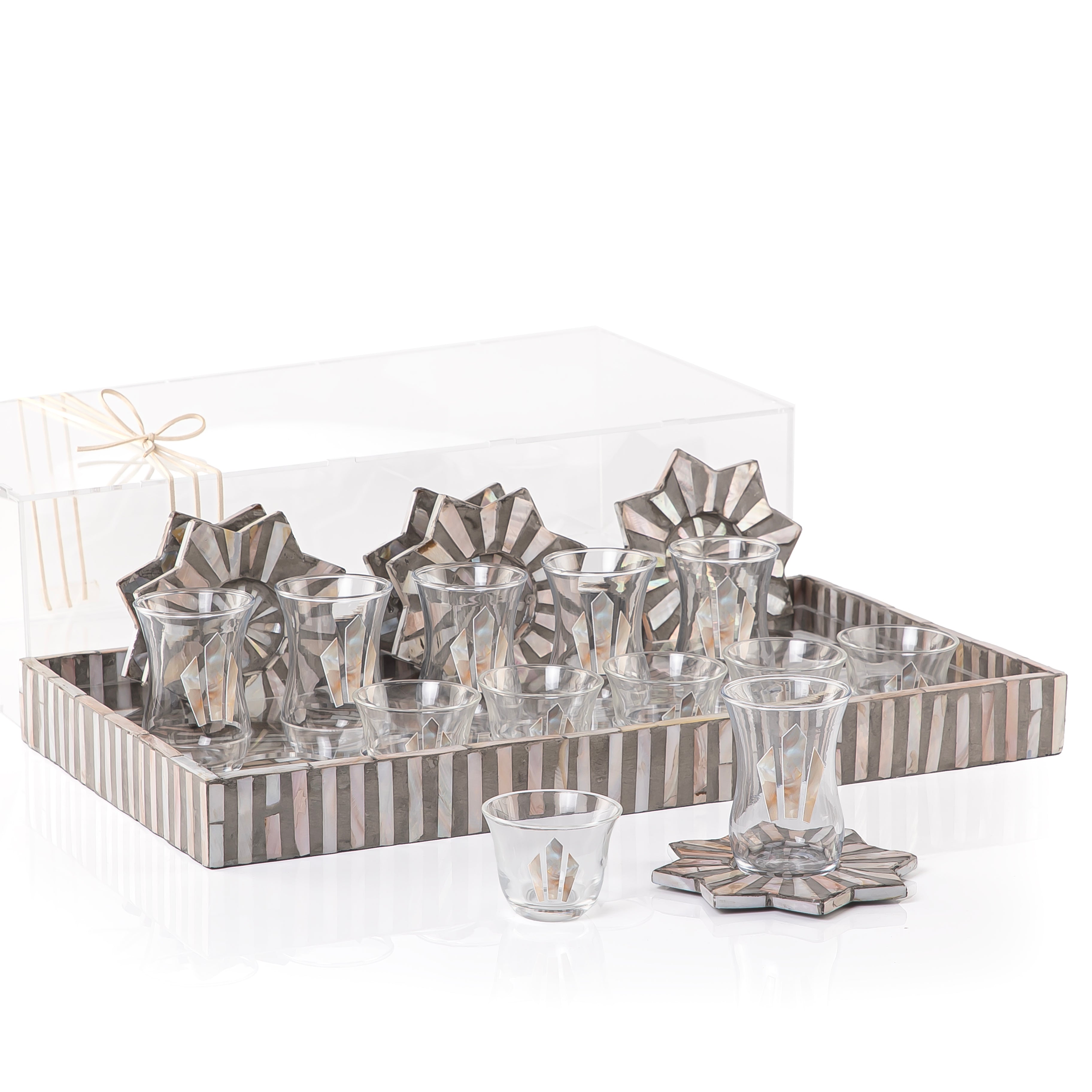 A brown MOP tray holding six coffee glasses, six tea glasses, and six coasters, with an acrylic box