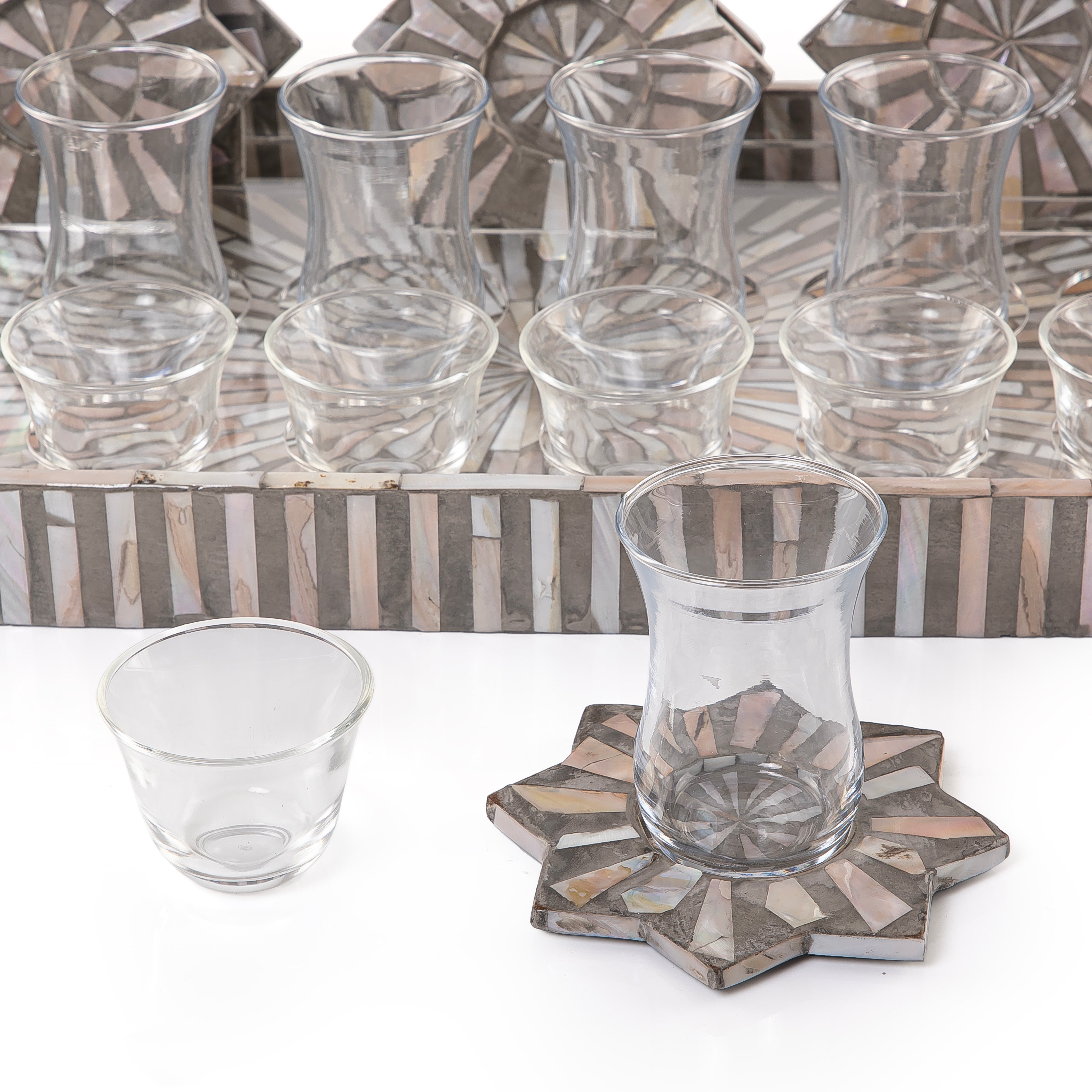 A brown MOP tray holding six coffee glasses, six tea glasses, and six coasters, with an acrylic box