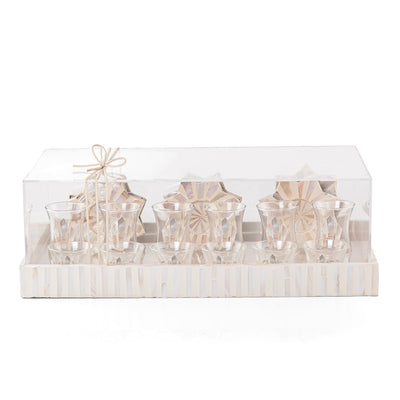 A beige MOP tray holding six coffee glasses, six tea glasses, and six coasters, with an acrylic box