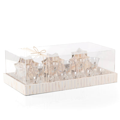 A beige MOP tray holding six coffee glasses, six tea glasses, and six coasters, with an acrylic box