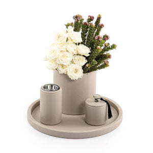 beige leather set includes circle tray, incense burner, jar, and flower vase