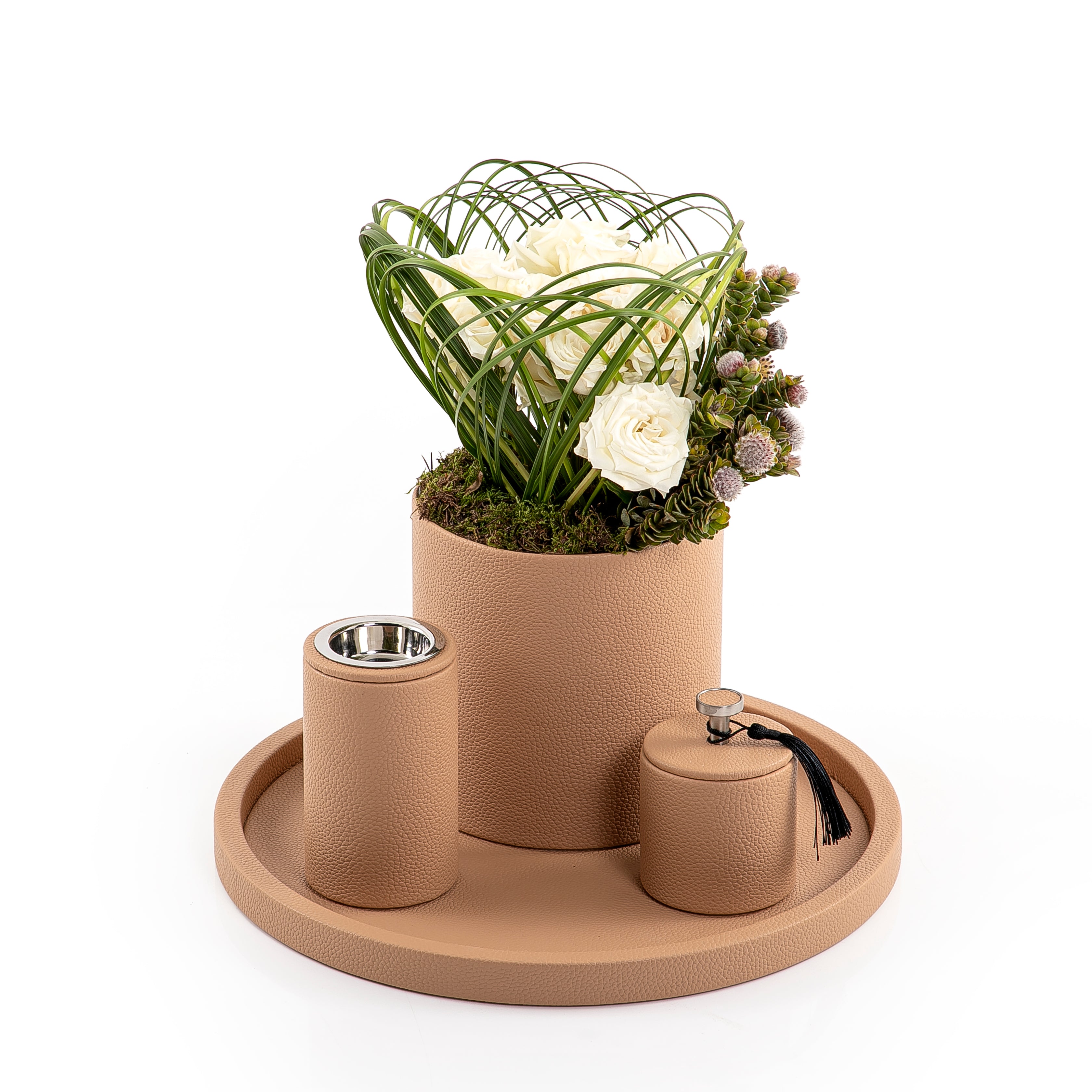 A brown leather set includes circle tray, incense burner, jar, and flower vase