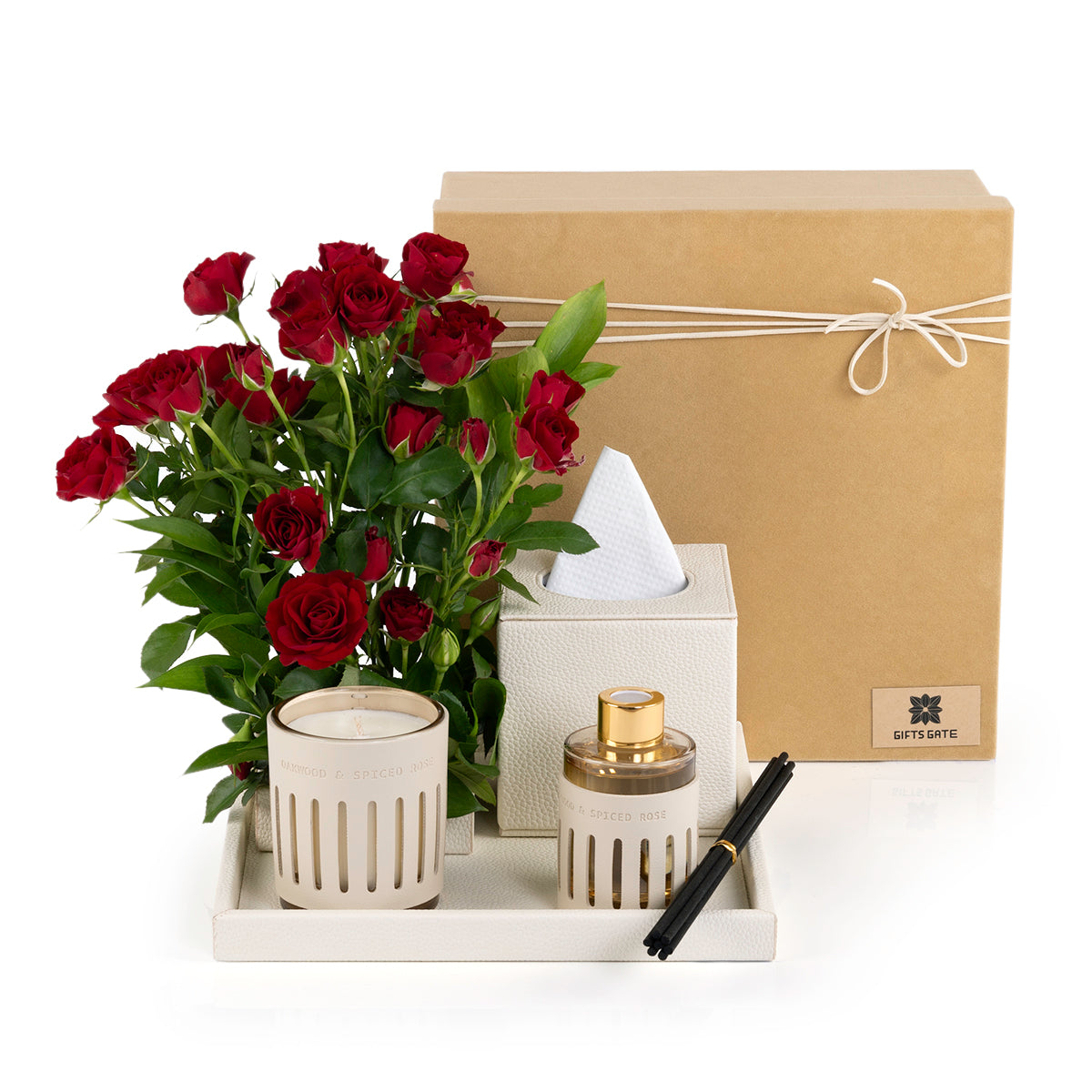 Beige Leather tray with matching tissue box, red roses, candle, and diffuser
