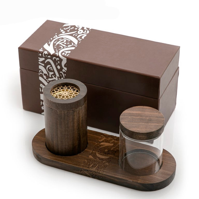 طقم هدية مبخر مع حامل بخور أكريلك بالنقوش العربيه