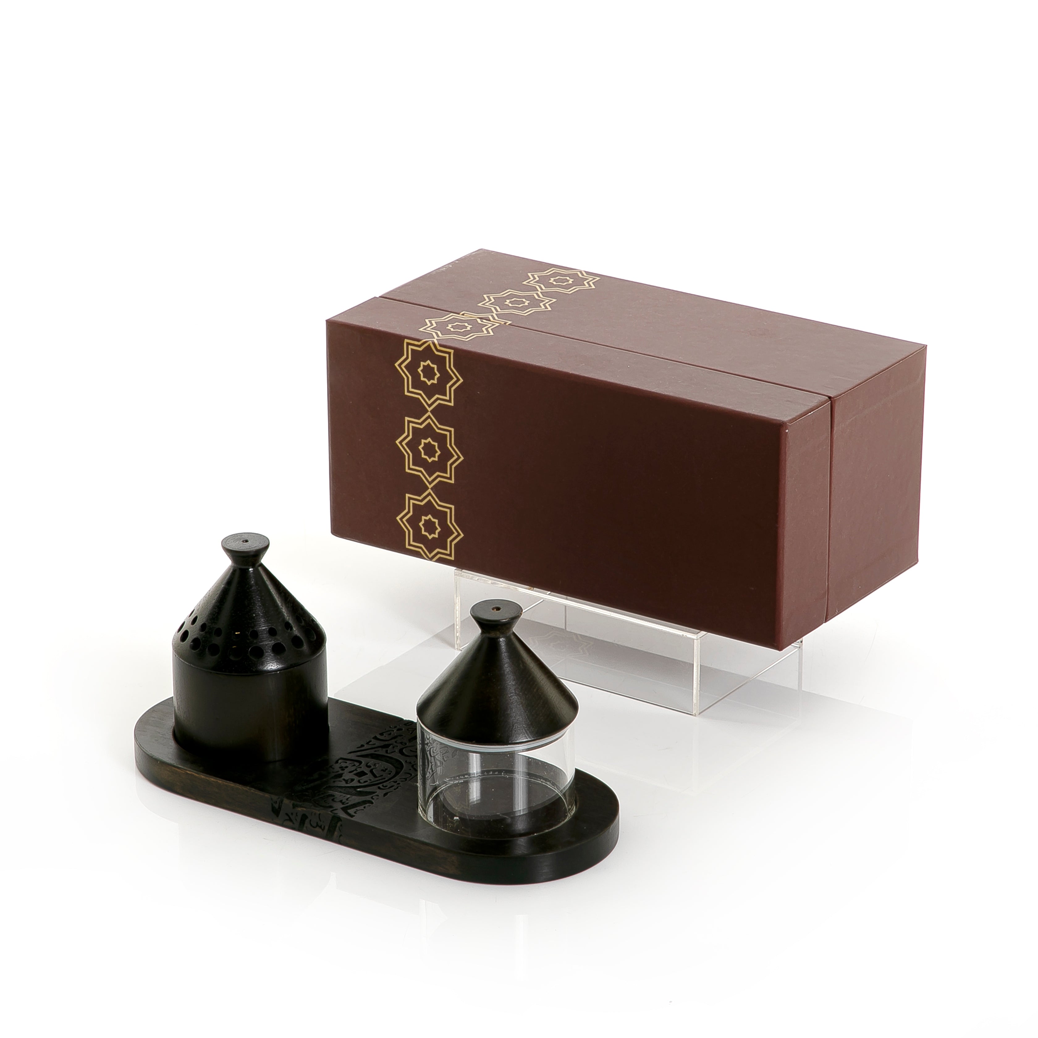 black wooden incense burner and acrylic bowl on a matching tray, decorated with Islamic inscriptions
