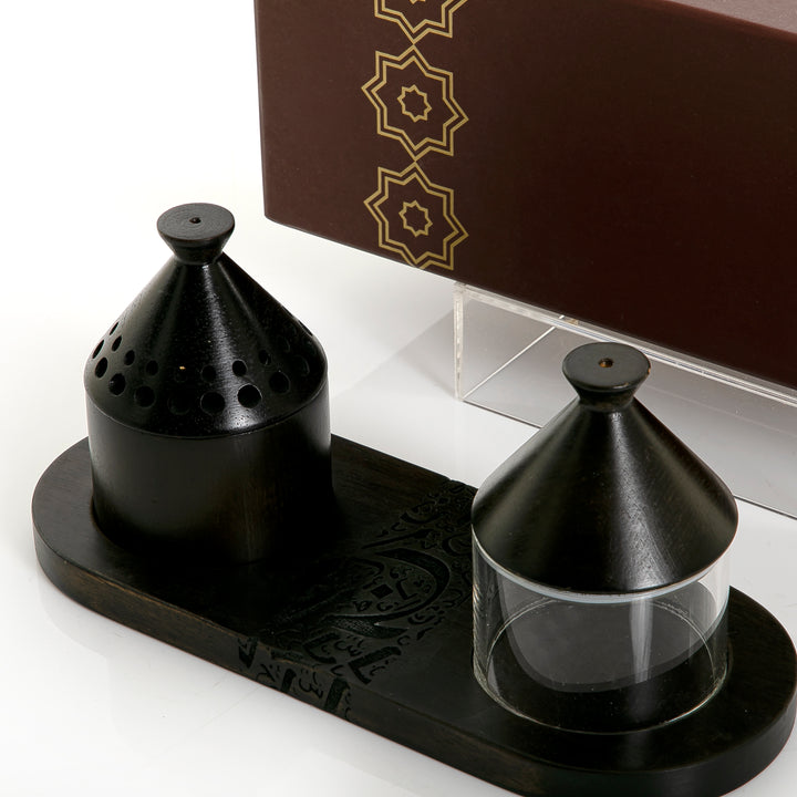black wooden incense burner and acrylic bowl on a matching tray, decorated with Islamic inscriptions