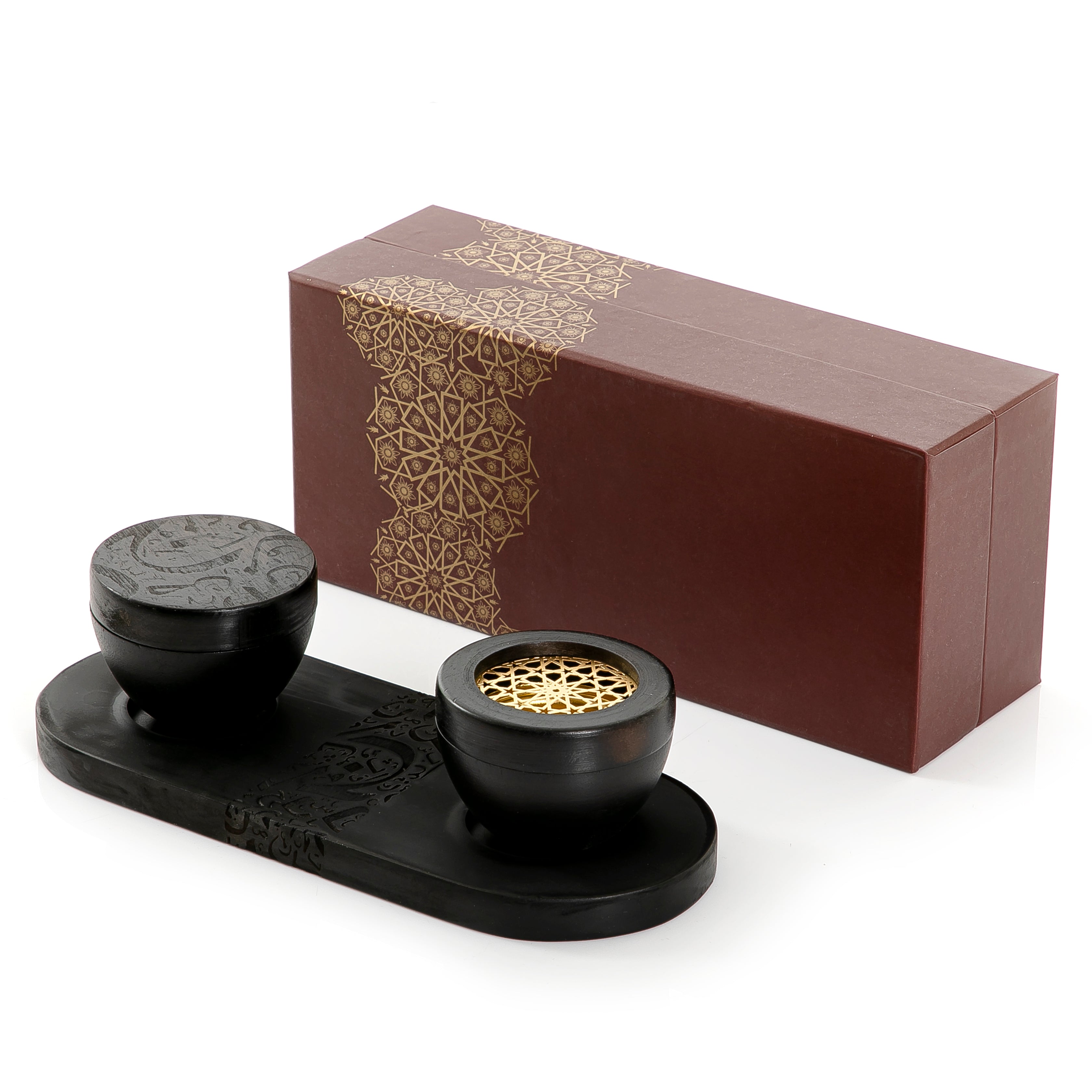Black wooden incense burner and bowl on a matching tray, decorated with Islamic inscriptions