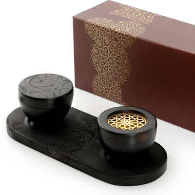 Black wooden incense burner and bowl on a matching tray, decorated with Islamic inscriptions