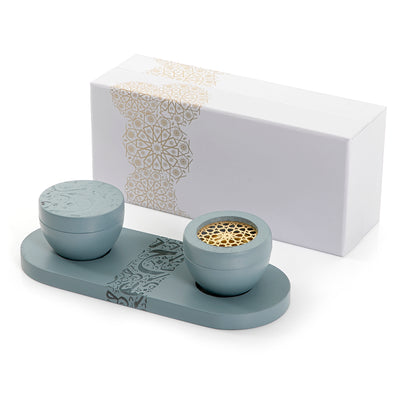 Blue wooden incense burner and bowl on a matching tray, decorated with Islamic inscriptions