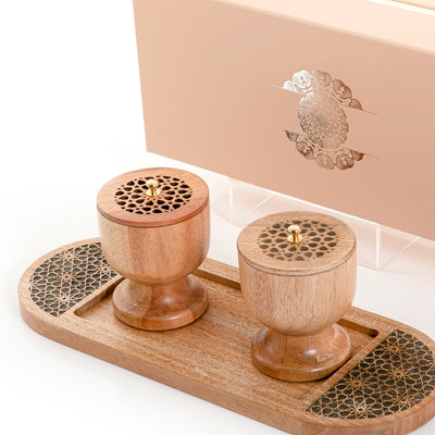 Light brown wooden incense burner and bowl on a matching tray