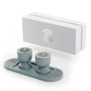 Blue wooden incense burner and bowl on a matching tray