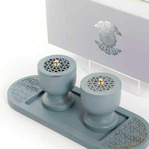 Blue wooden incense burner and bowl on a matching tray