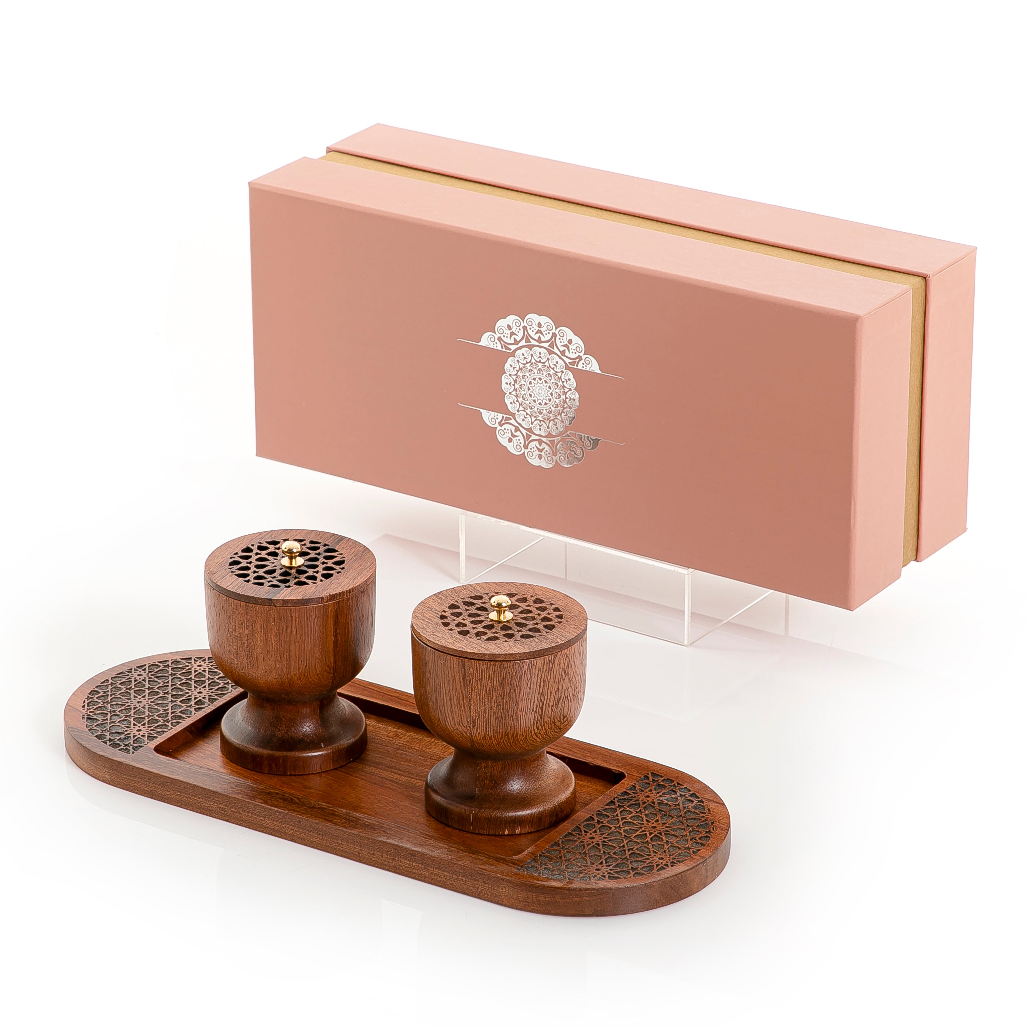 Brown wooden incense burner and bowl on a matching tray