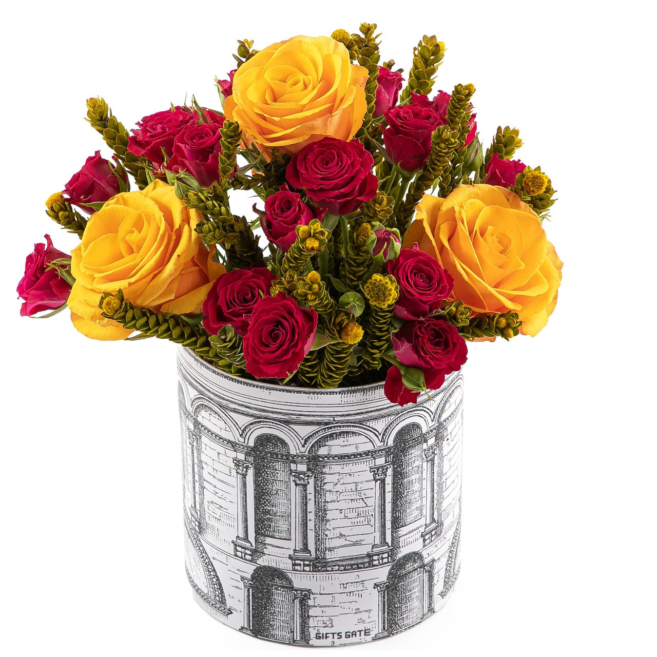 flower vase contains yellow and red roses