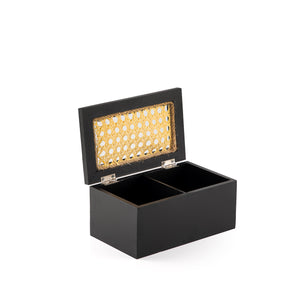 Decorated black rectangular wooden box with a customized name label 