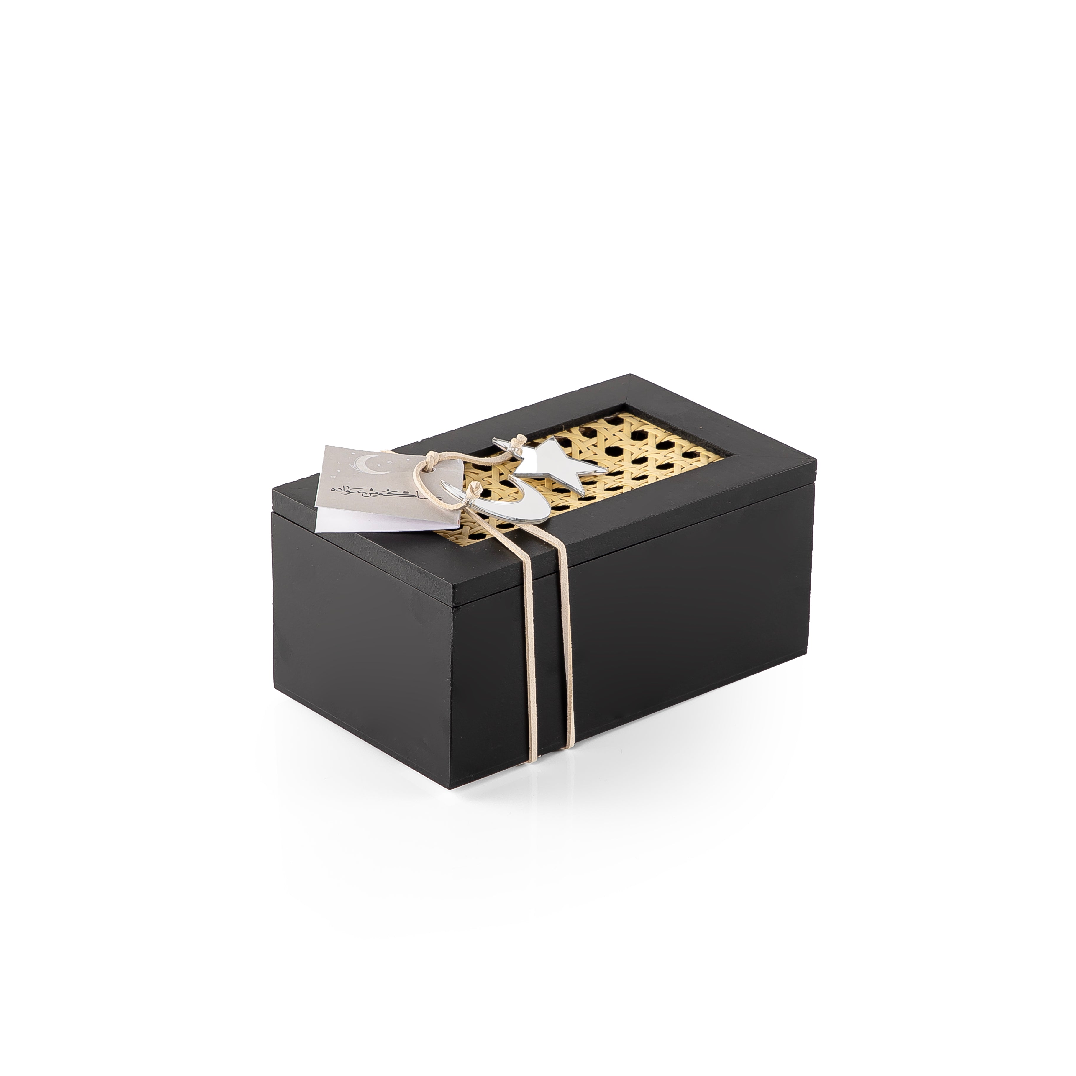 Decorated black rectangular wooden box with a customized name label 