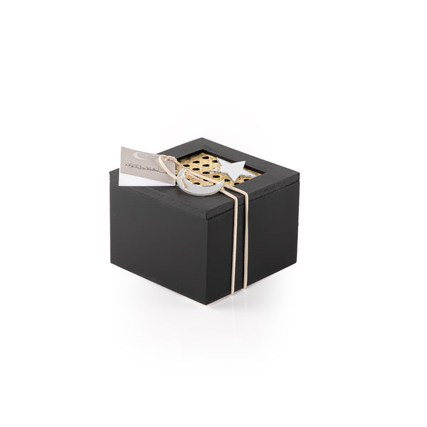 Decorated black square wooden box with a customized name label 