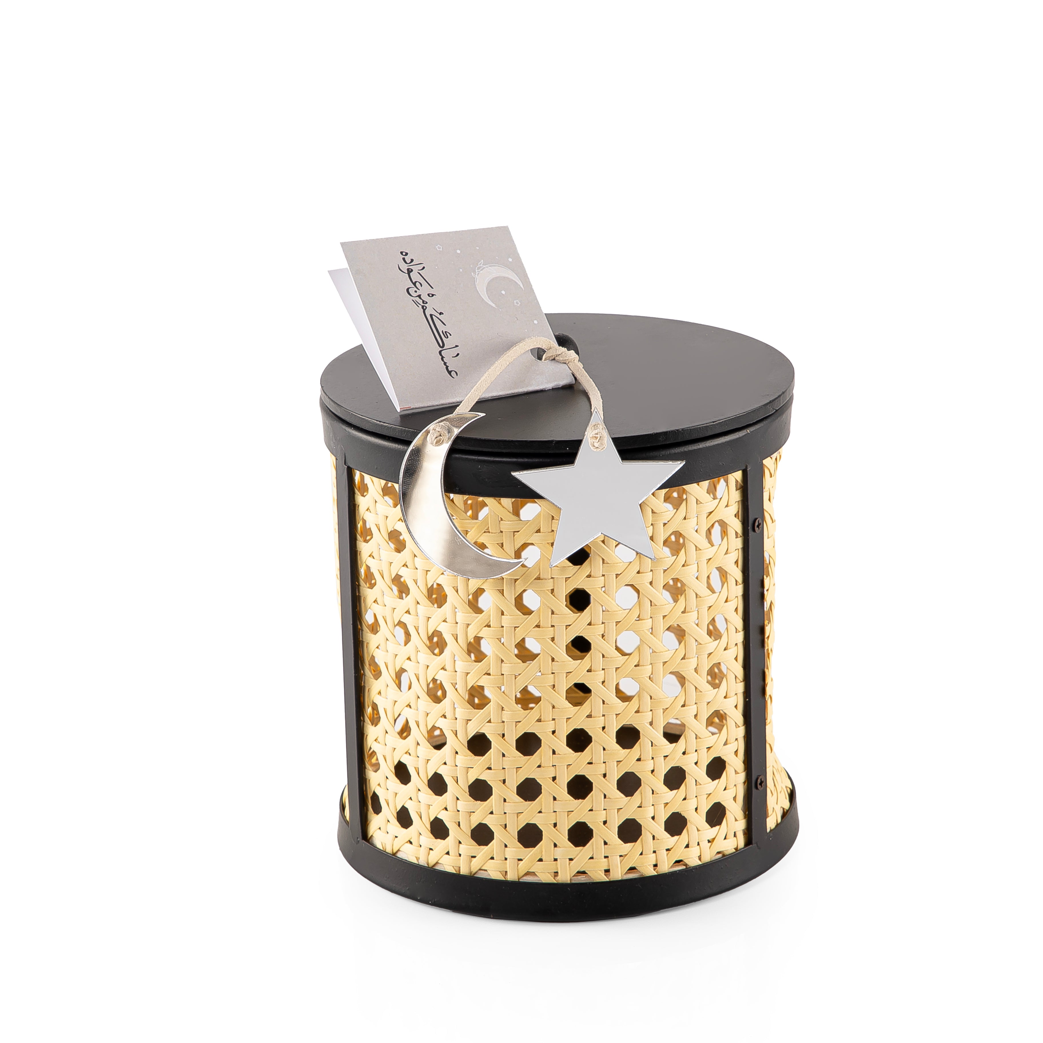 Decorated black wooden box with a customized name label 