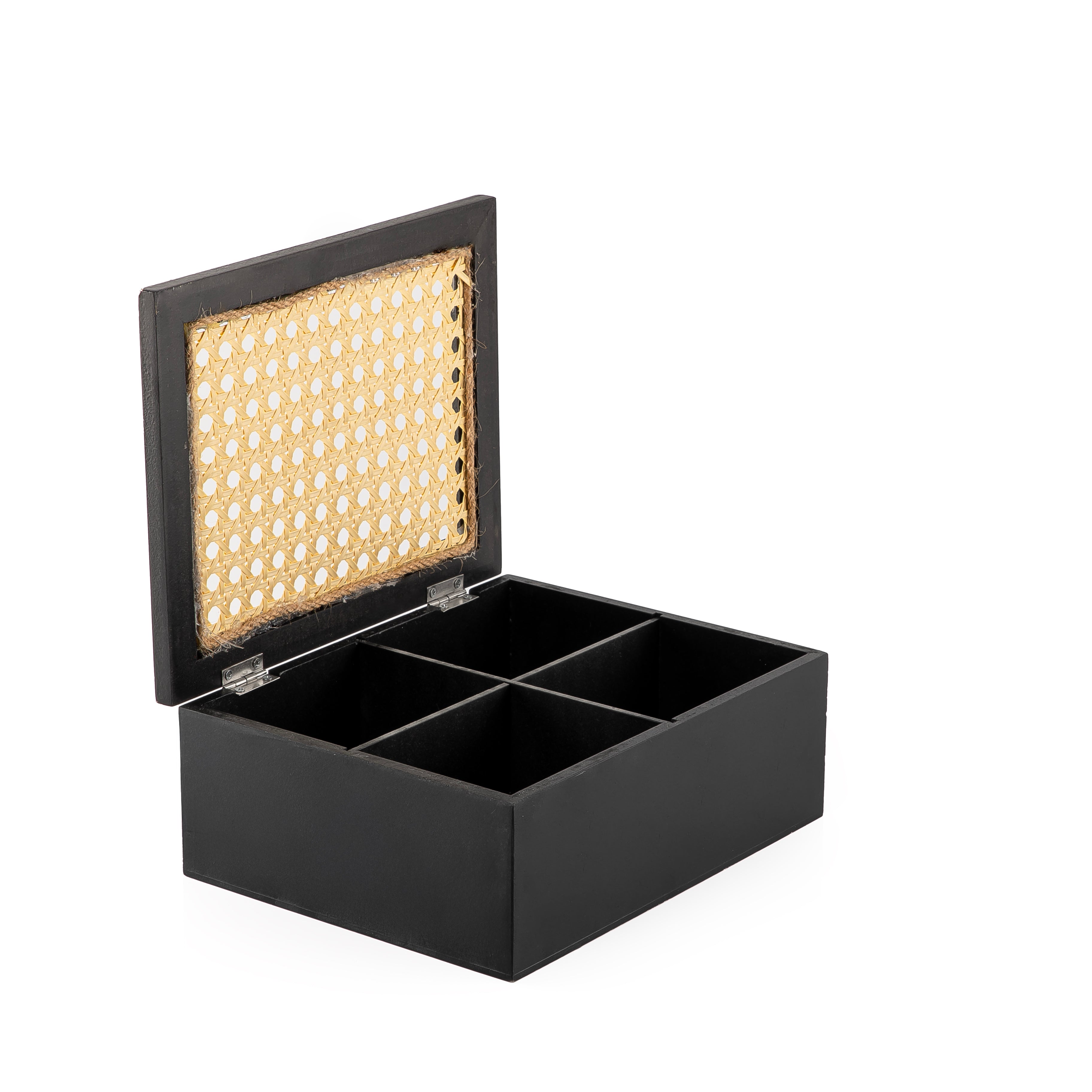 Decorated black rectangular wooden box with a customized name label 