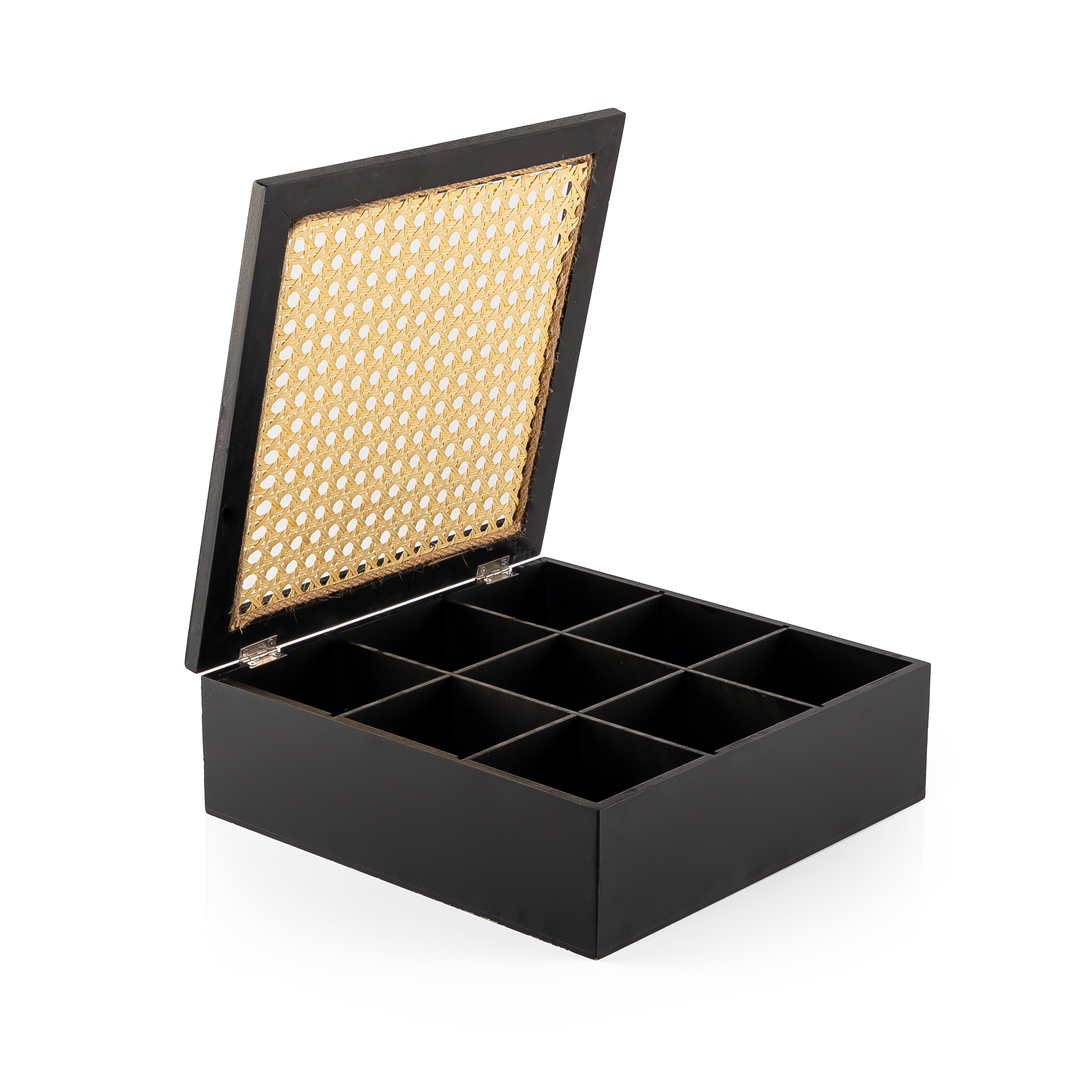 Decorated black square wooden box with a customized name label 