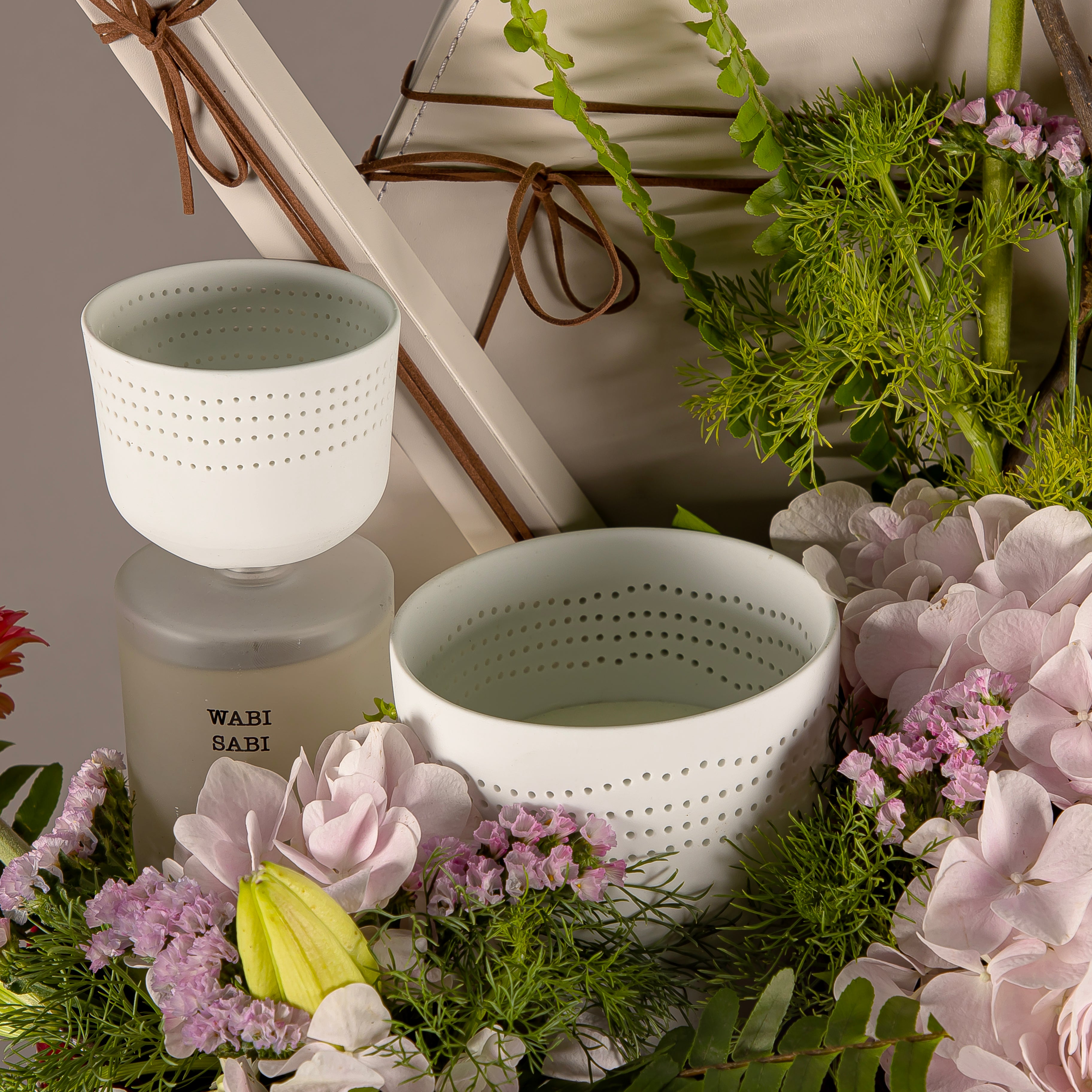 flower bouquet with luxury diffuser and candle