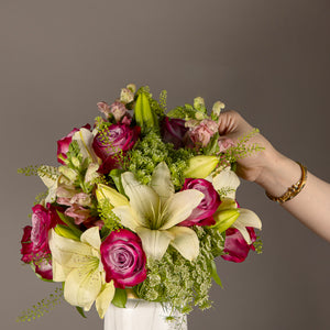 flower vase with white lilies and pink roses