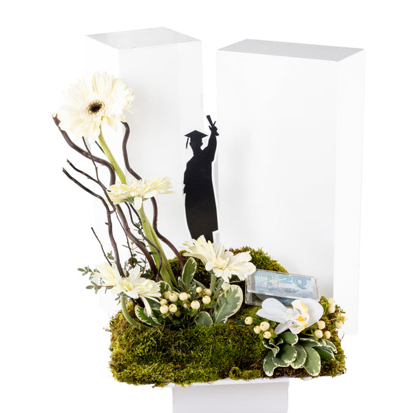 "Rise & Shine" Graduation Acrylic Money Box with Floral Arrangement
