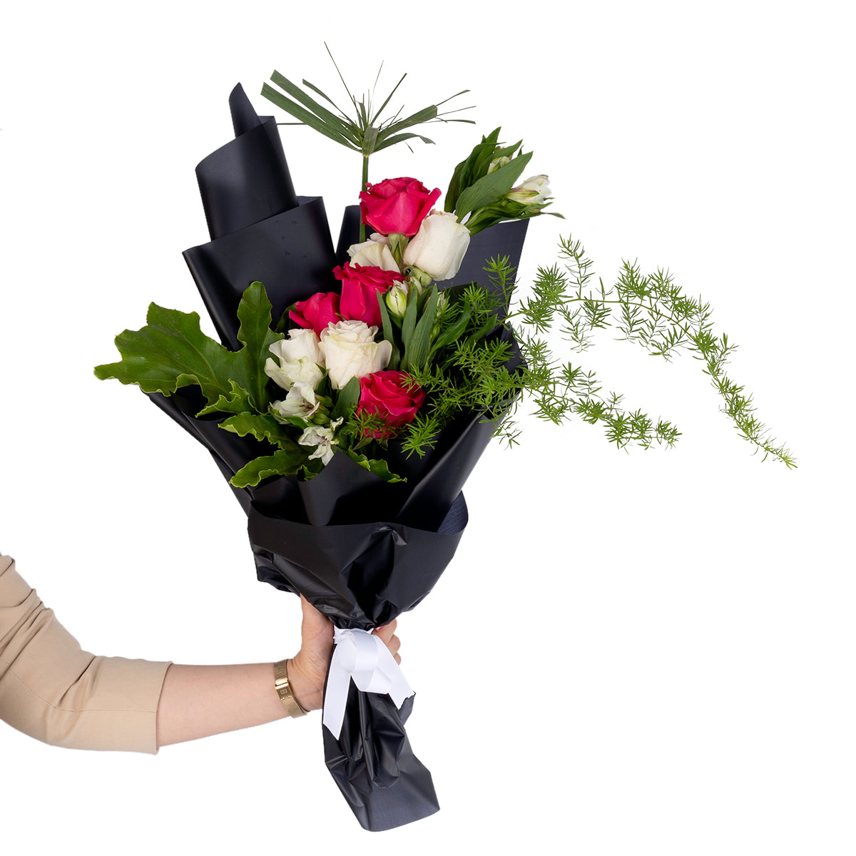 Elegant hand-tied bouquet featuring fresh deferent types of flowers -white ad red roses
