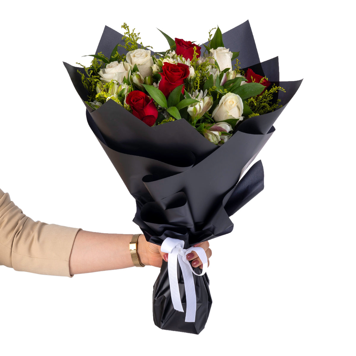 Elegant hand-tied bouquet featuring fresh deferent types of flowers -white ad red roses
