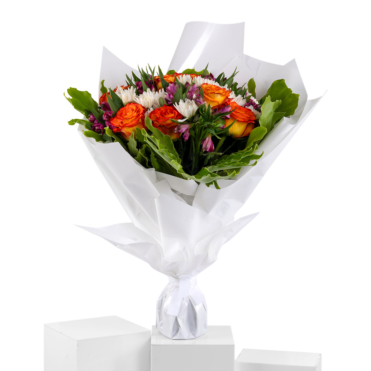 Elegant hand-tied bouquet featuring fresh deferent types of flowers