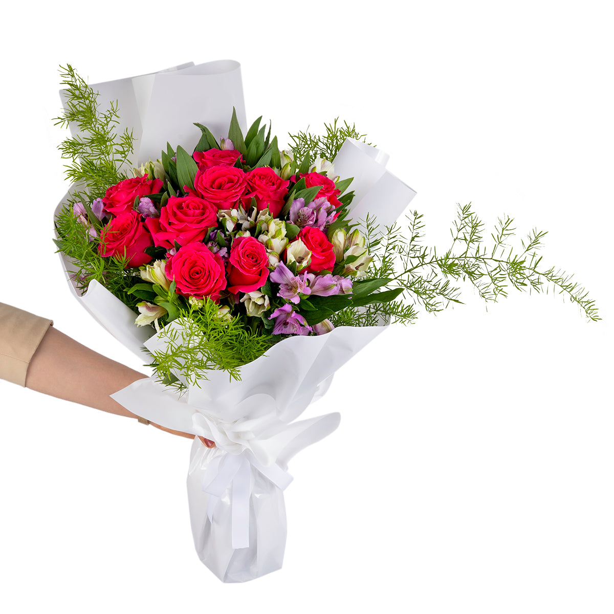 Elegant hand-tied bouquet featuring fresh deferent types of flowers