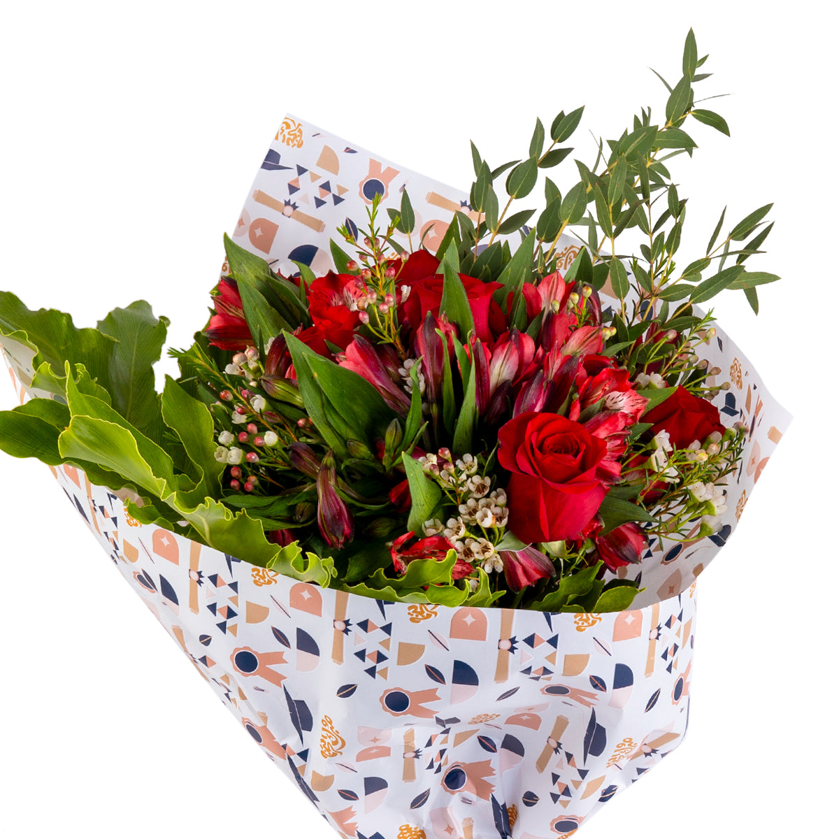 Elegant hand-tied bouquet featuring fresh red roses