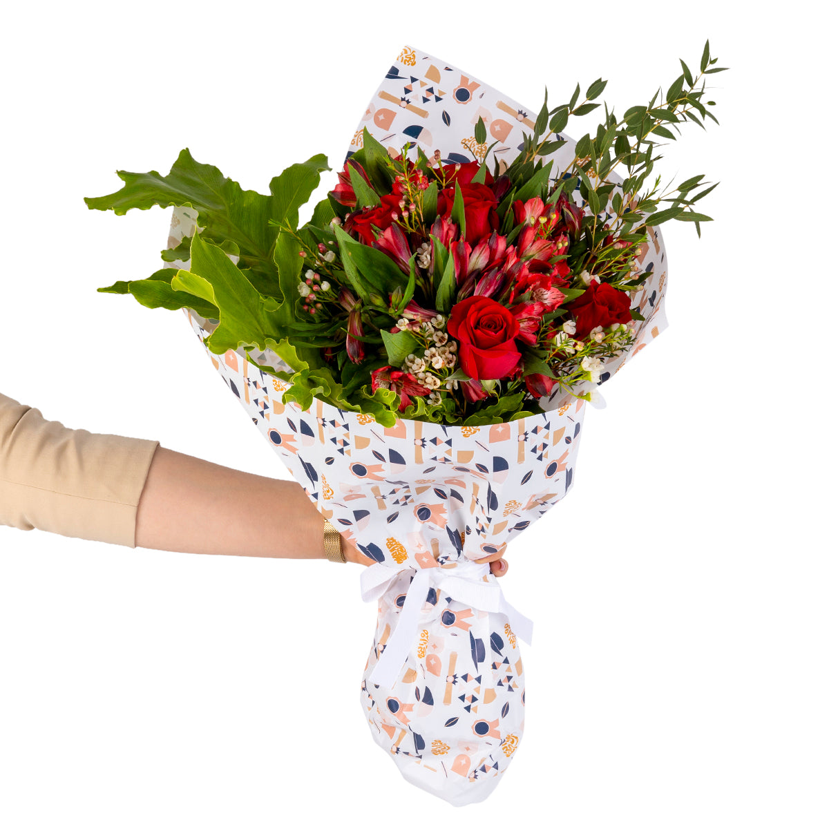 Elegant hand-tied bouquet featuring fresh red roses